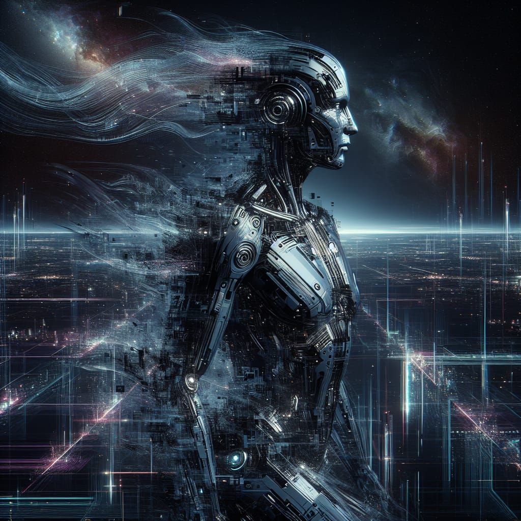 Sleek Metallic Cyborg in Dark Cybernetic Cityscape