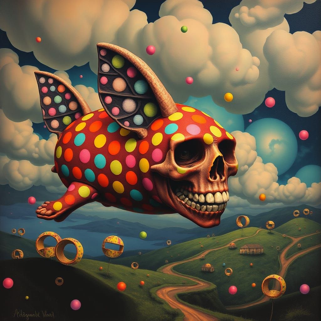 Surreal Polka Dot Skull in Dreamscape