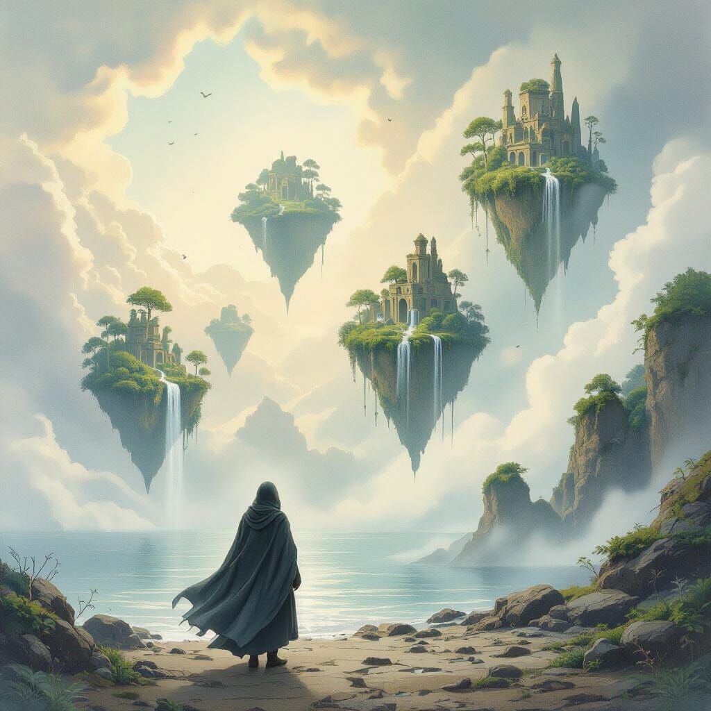 Floating Islands Dreamscape in Watercolor Style