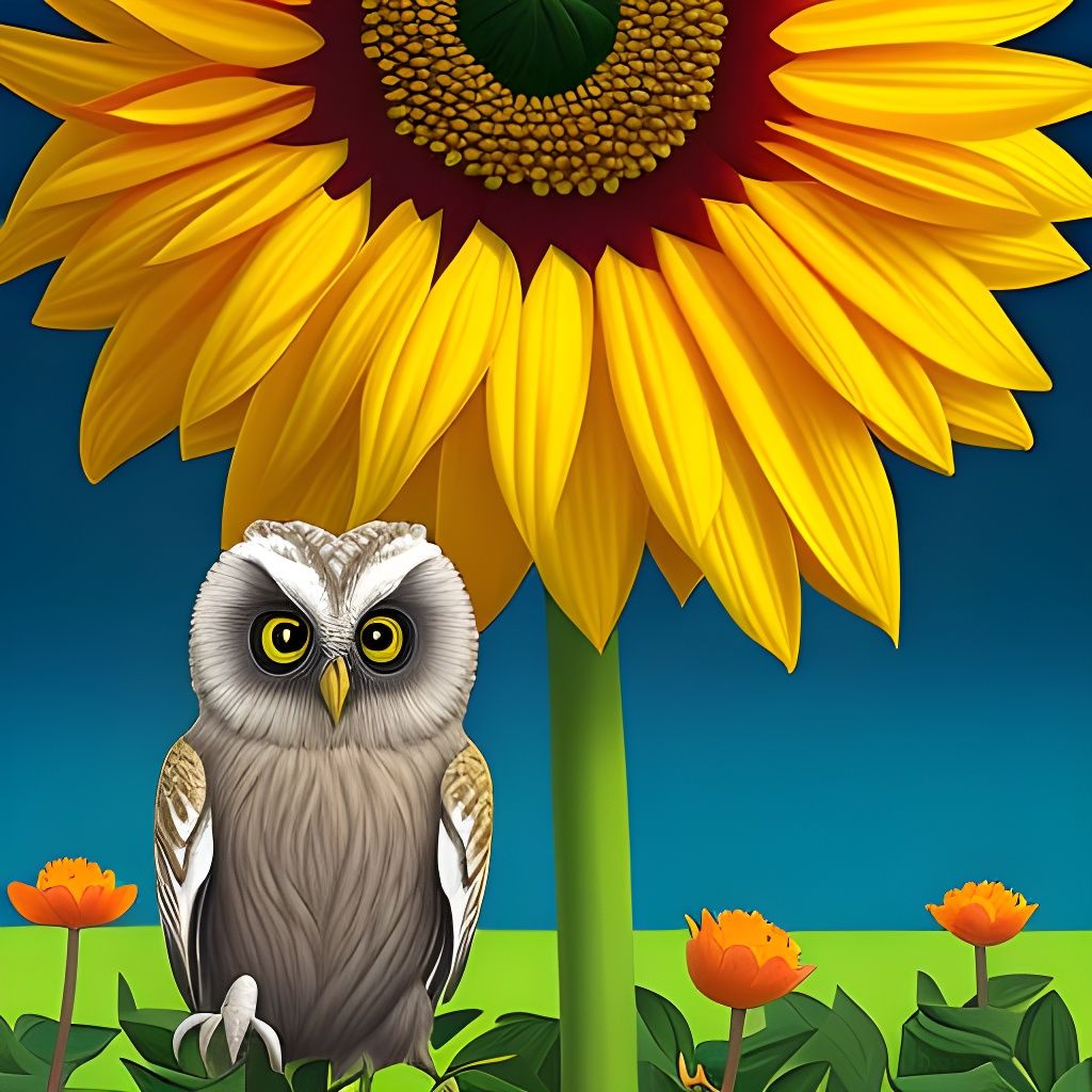 Owl Under Sunflower: Detailed Digital Rendering