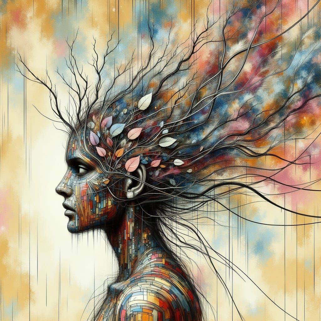 Woman with Tree Growing from Back in Abstract Style