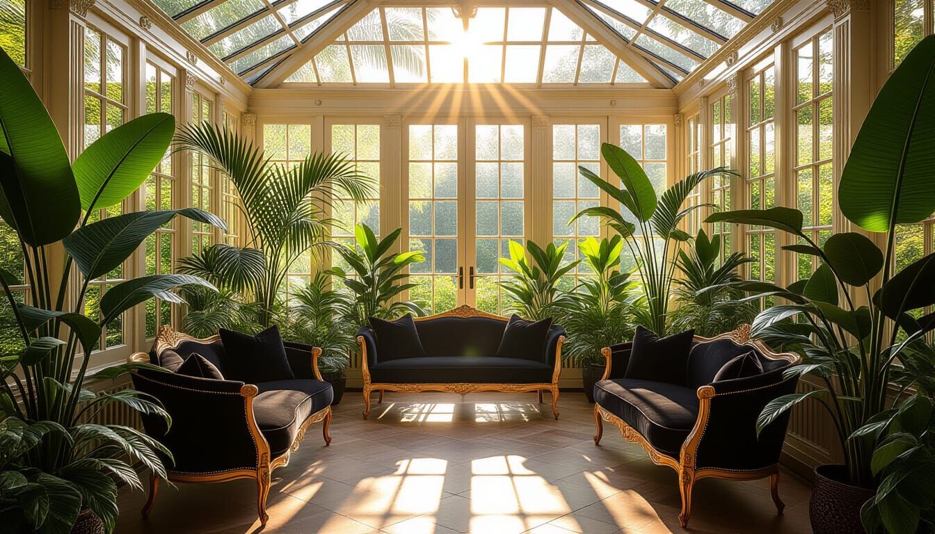 Sun-Drenched Conservatory With Exotic Plants and Velvet Seat...