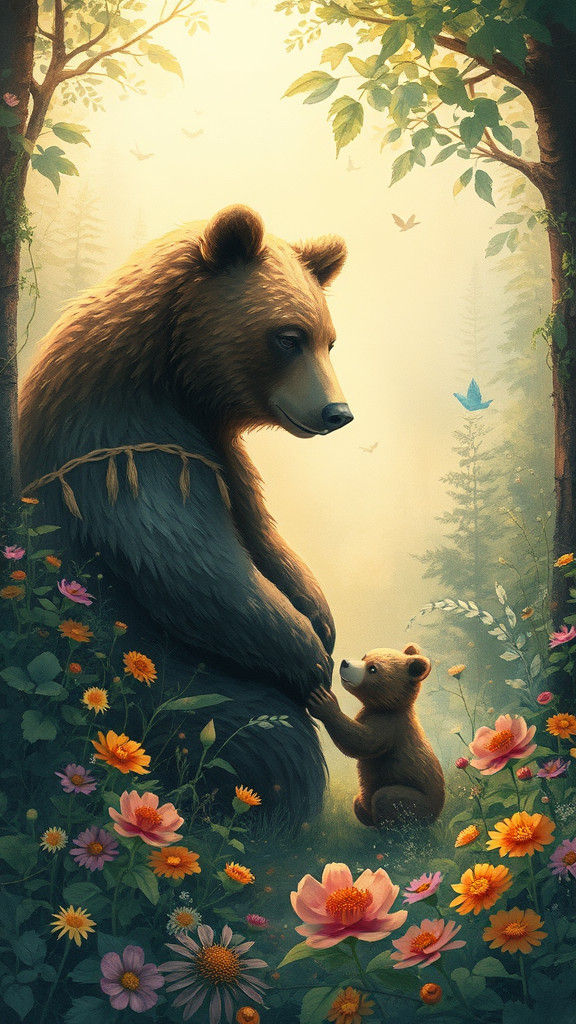 Whimsical Mother and Baby Bear in Forest