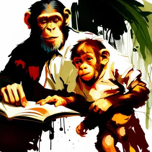Chimpanzee Father Reading: Oil Painting Style