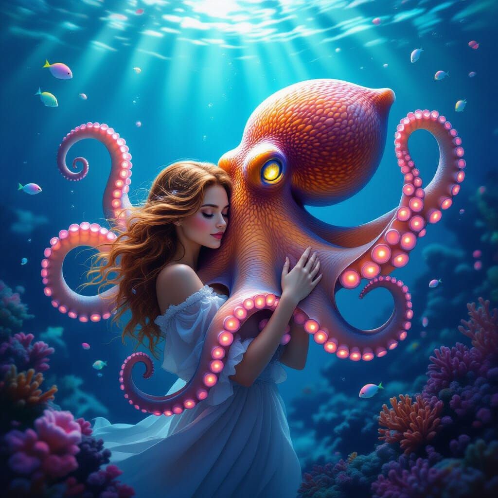 Bioluminescent Octopus Hug in Magical Coral Reef