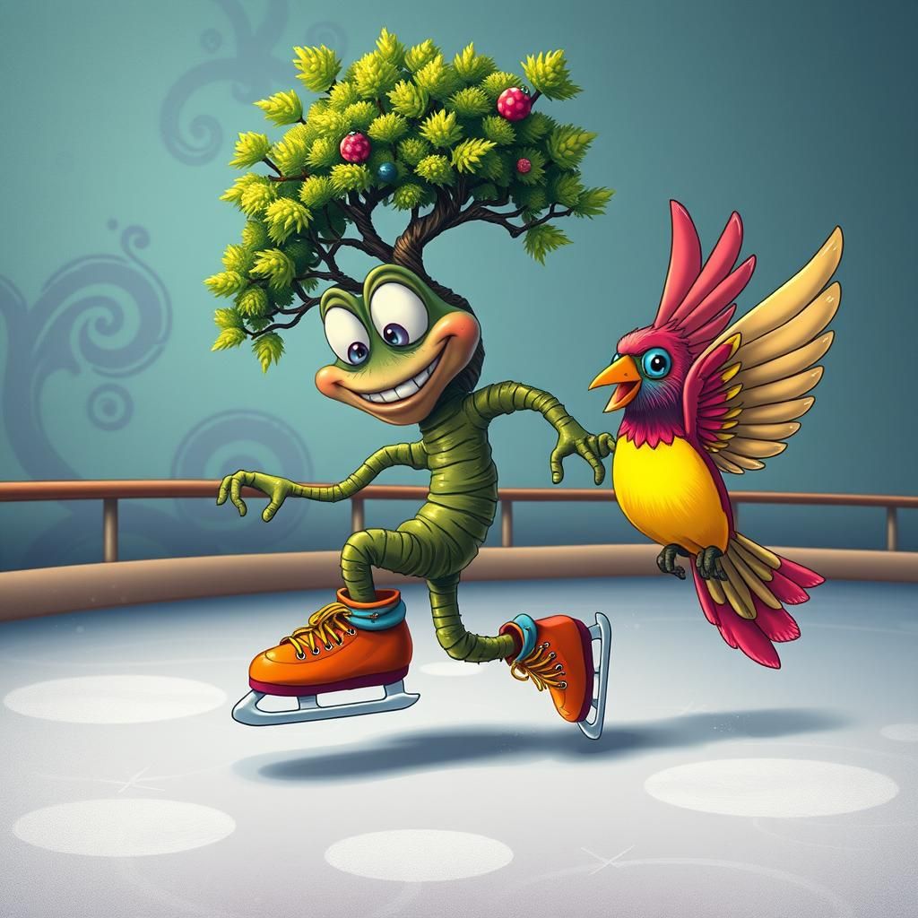 Bonsai Tree and Bird on Ice Rink in Psychedelic Cartoon Styl...