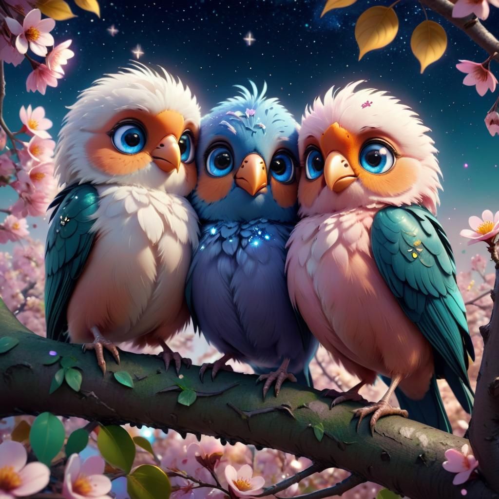 Fluffy Lovebirds in Spring Fantasy Concept Art
