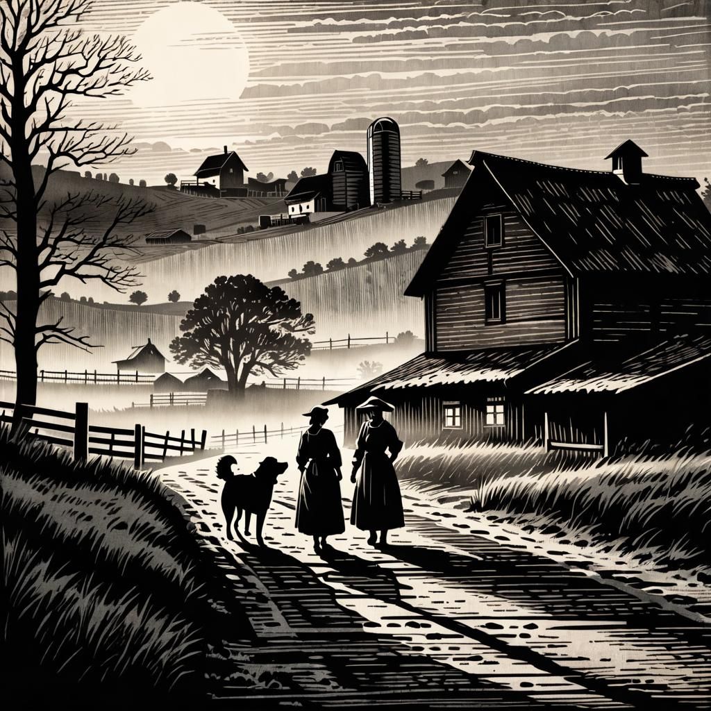 Rustic Woodcut of Woman and Dog in Countryside