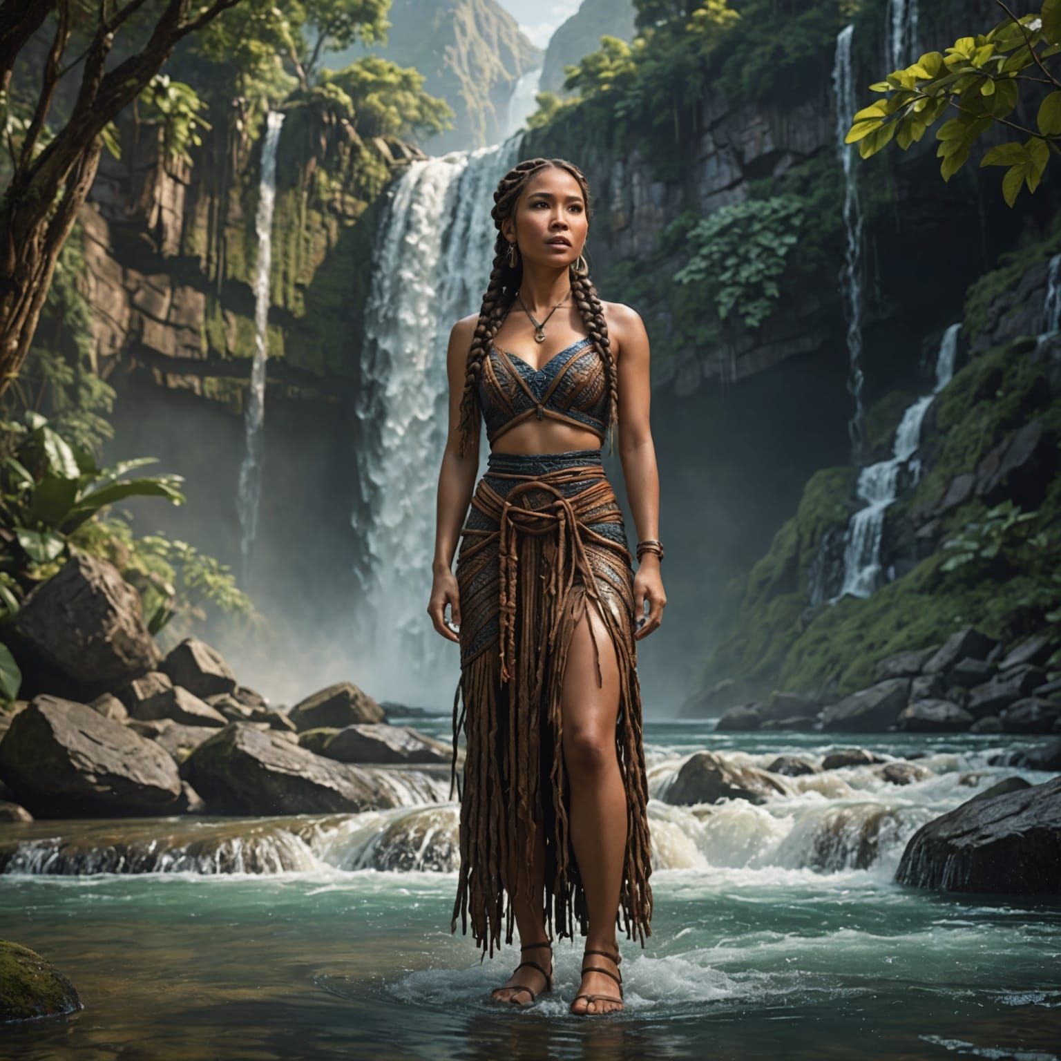 Filipina Woman in Waterfall, Detailed Digital Painting