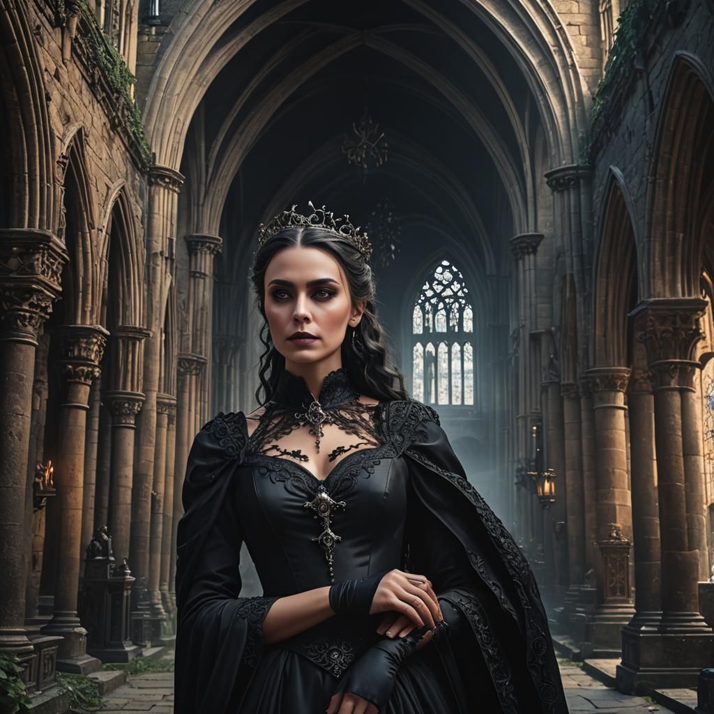 Gothic Dark Lady Portrait in Abbey, Detailed Matte Painting