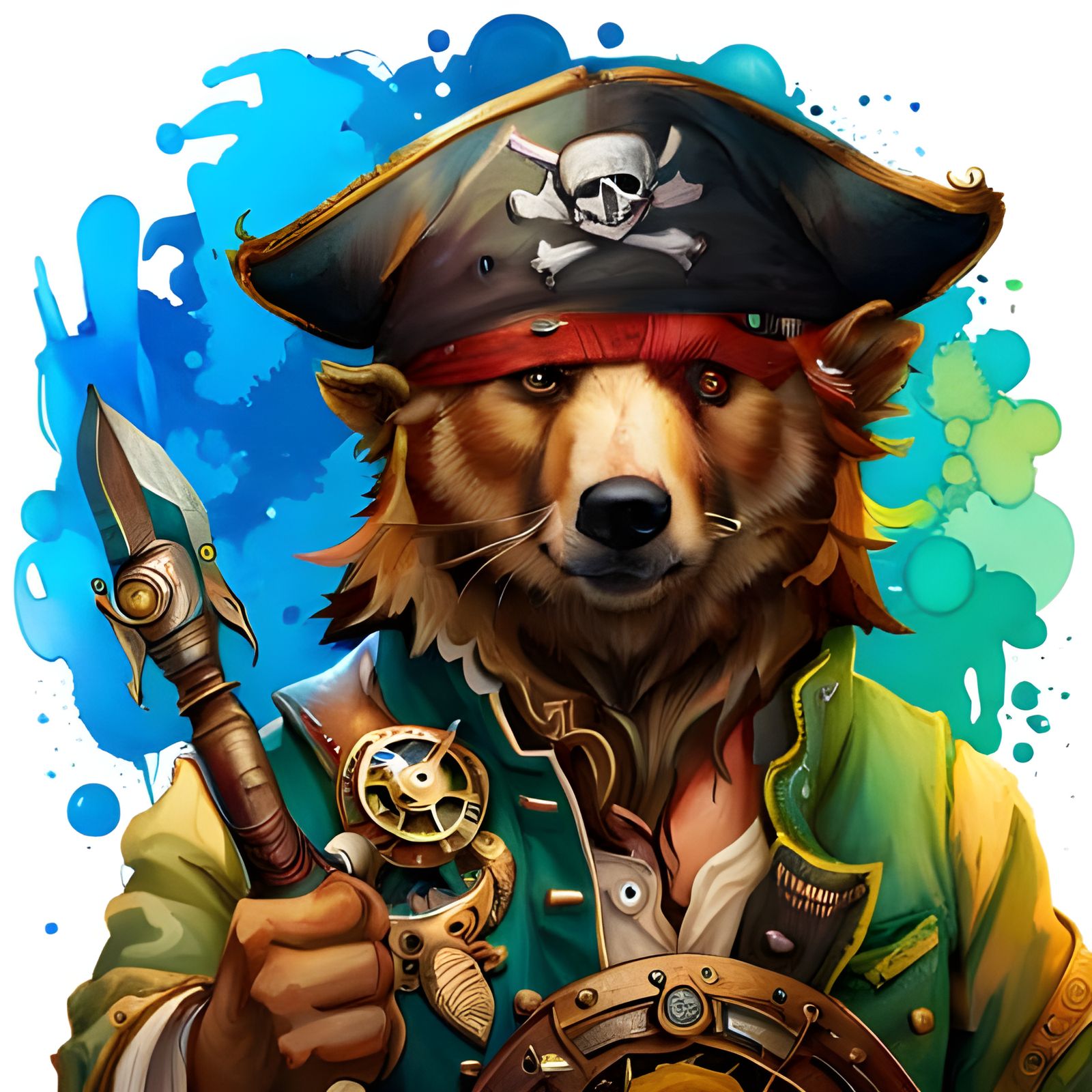 Happy Pirate Bear Portrait in Mixed Media Style