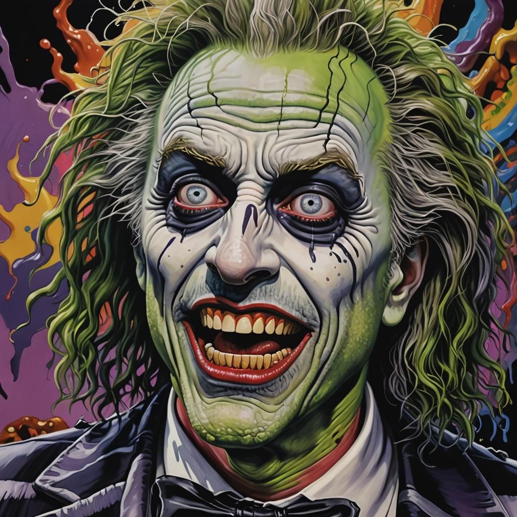 Hyperrealistic Beetlejuice Portrait in Splash Art Style