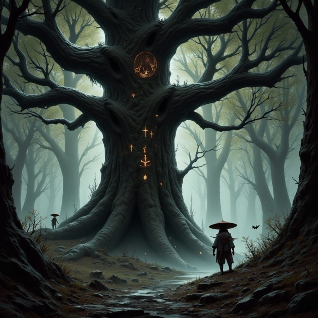 Hobbit in Ancient Bioluminescent Forest Oil Painting