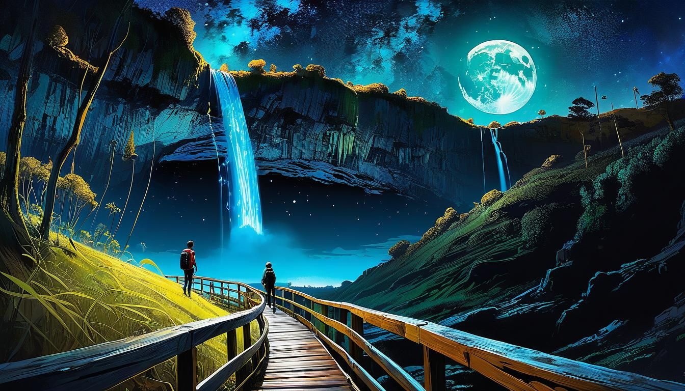 Bioluminescent Waterfall Under Cosmic Starry Night