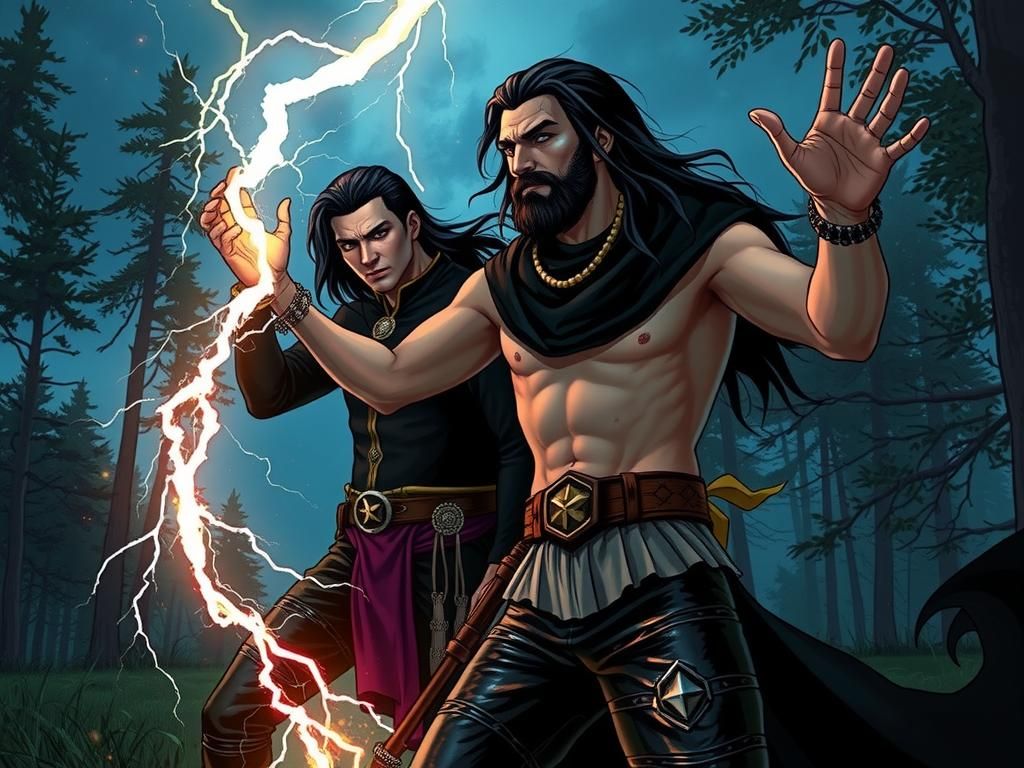 Two Handsome Male Witches Summon Lightning, Fantasy Art