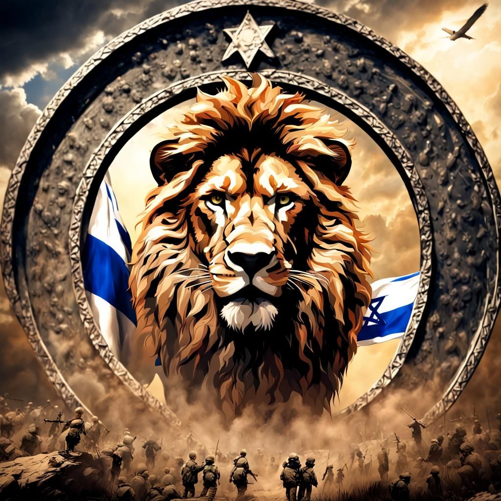 Israeli Flag with Roaring Lion and War Background