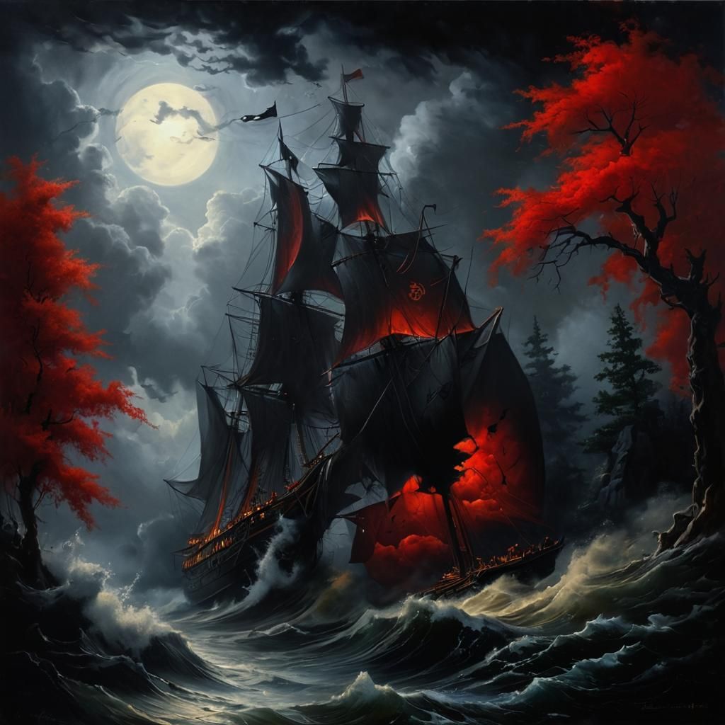 A late 1800s Russian schooner Demeter in a tumultuous storm, white-crested waves, lightning, red, black. Oil painting, e...
