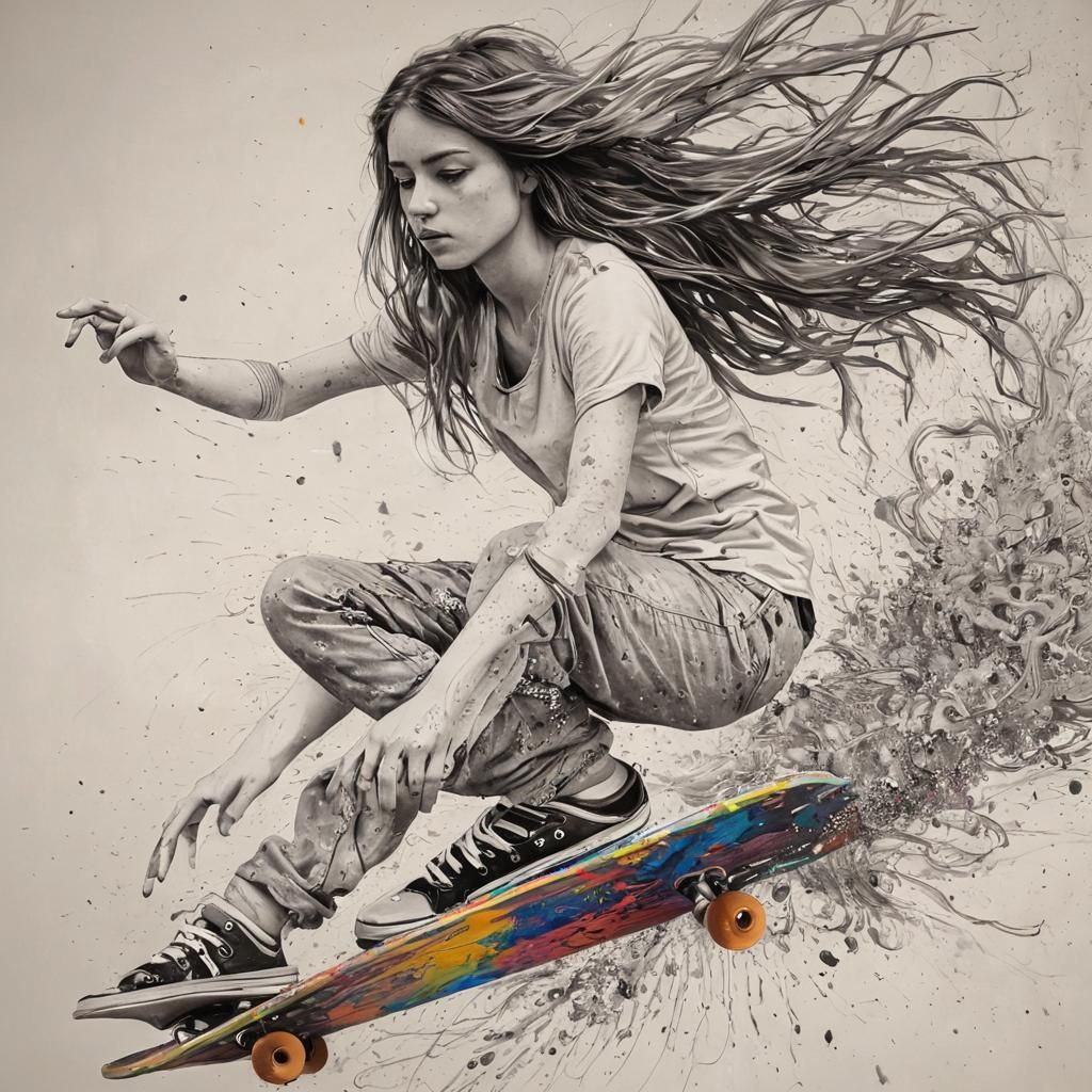 Ink Drawing of Skateboarder Girl in Mid-Air