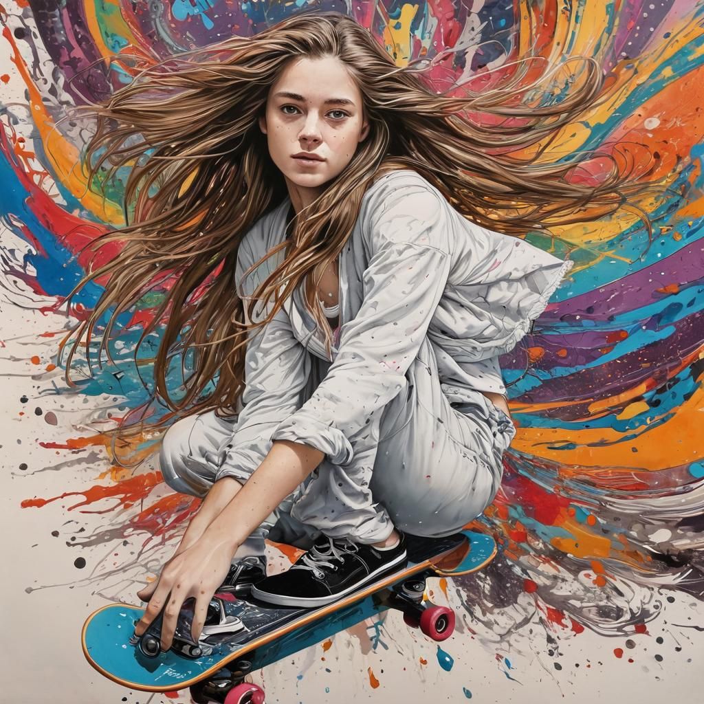 Skateboarder in Pen and Ink Drawing Style