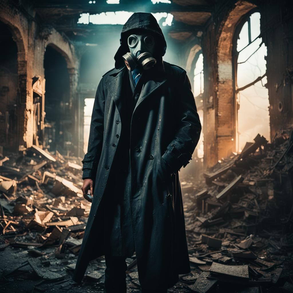 Ruined Shop: Gas Mask Figure in Noir Film Still