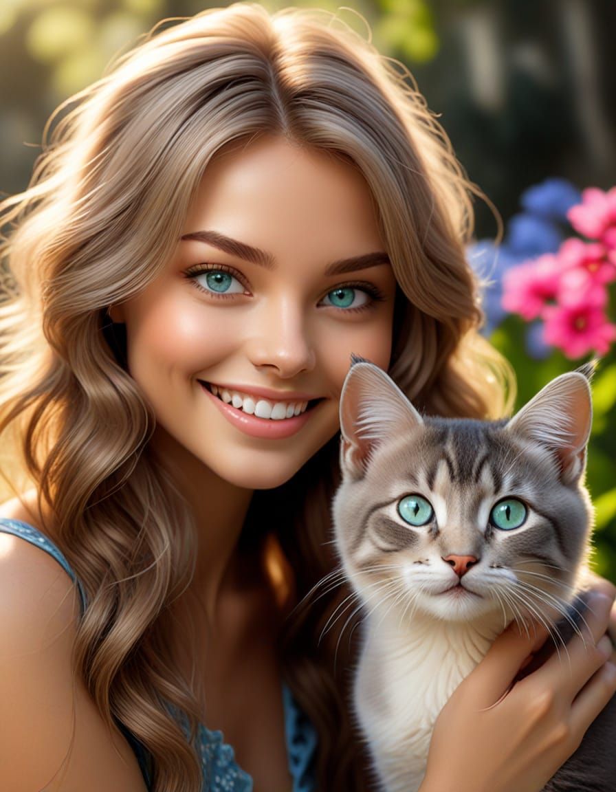 Woman and Kitten in Sunny Garden