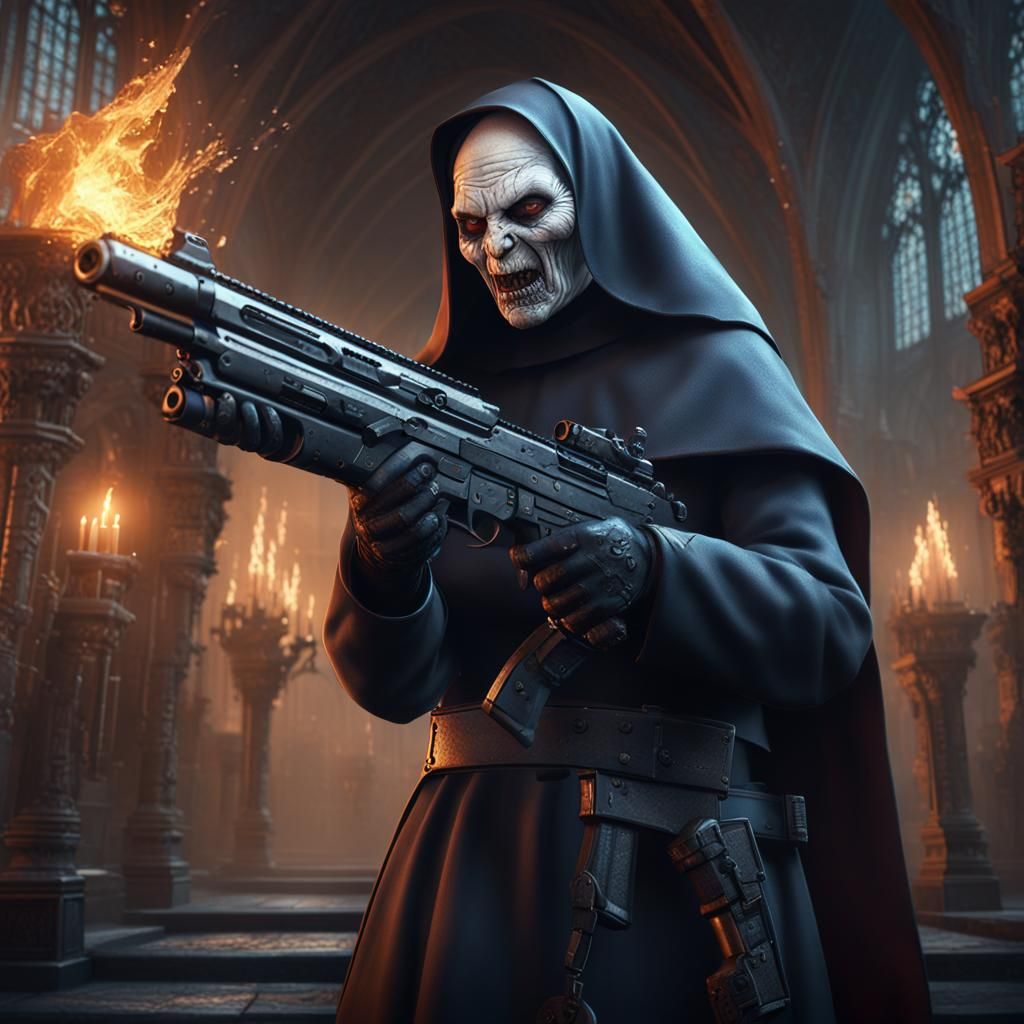 an evil nun with a gun