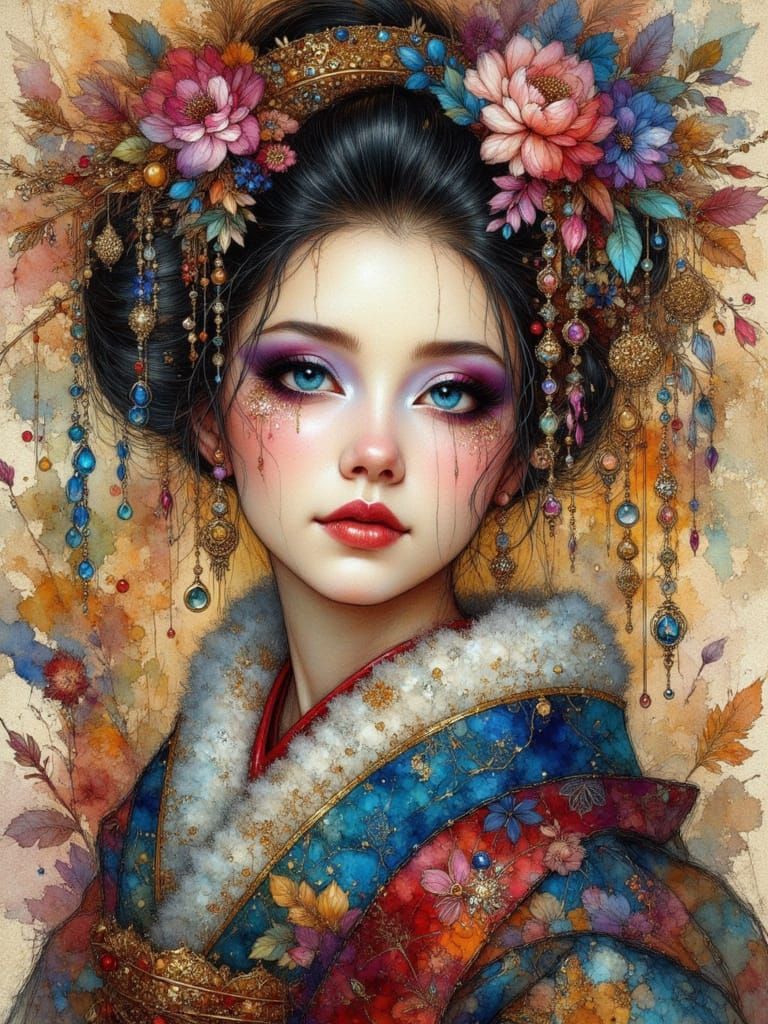 Geisha in Earth Tones, Watercolor Impressionism