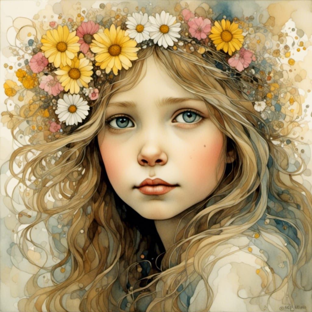 Enchanted Woman Portrait with Wildflower Impasto