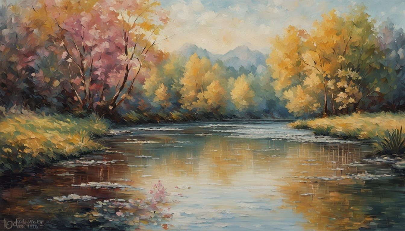 River Landscape in Impressionist Style with Thick Brushstrok...