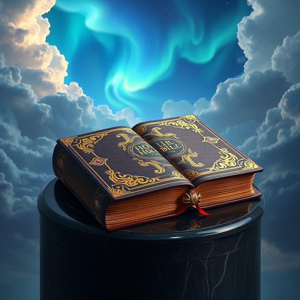 Golden Holy Bible on Cosmic Background