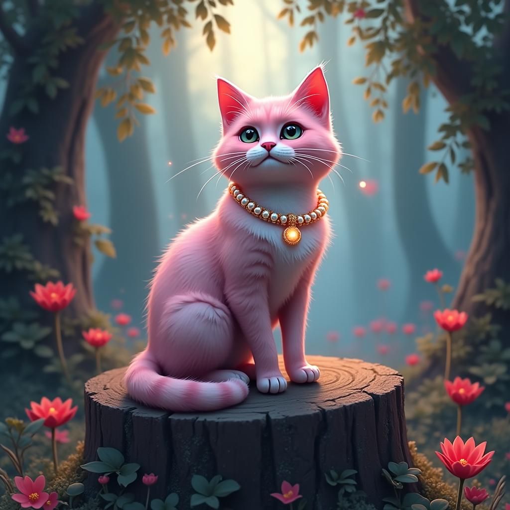 Pink Cat with Pearl Necklace in Fantasy Art Style