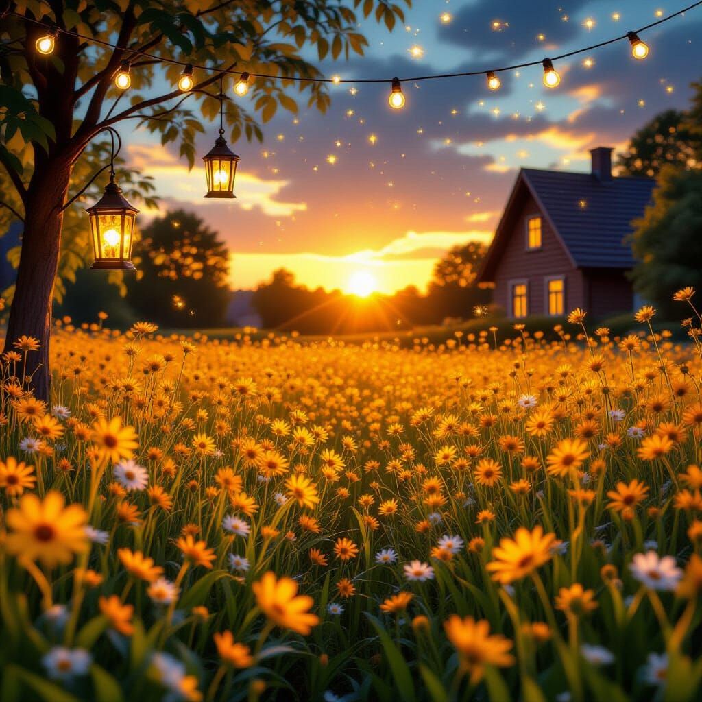 Magical Flower Field at Sunset with Fairylights and Lanterns