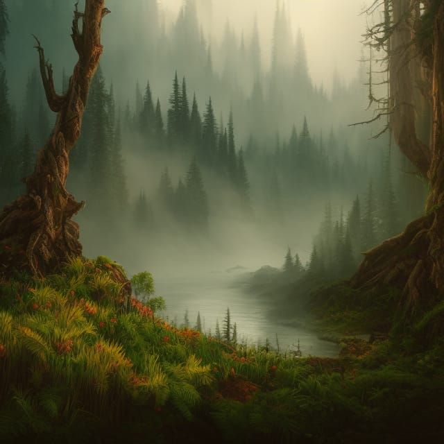 Foggy Forest Mountains Landscape in Photorealistic Style