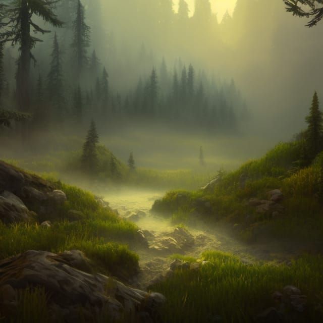 Hyperrealistic Foggy Forest Landscape in Vivid Color