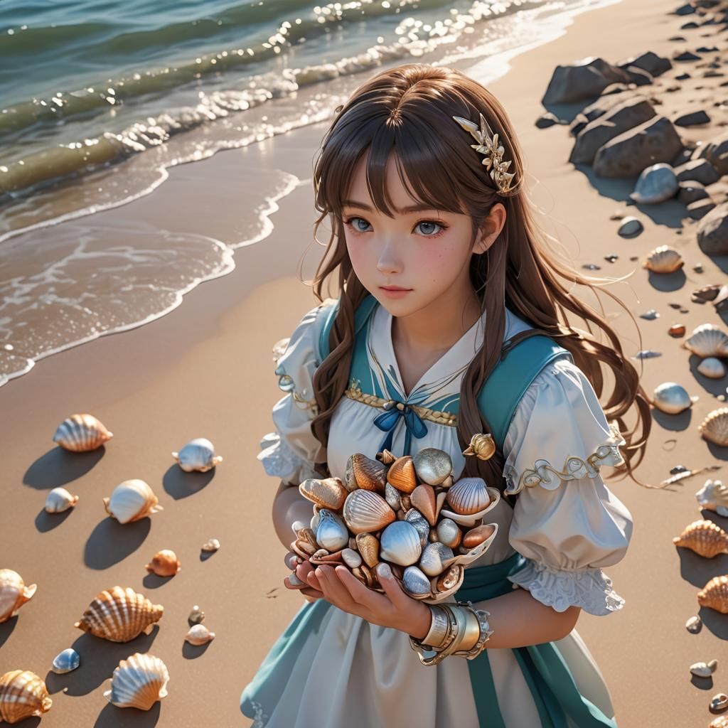 Anime Girl Collecting Seashells on Beach