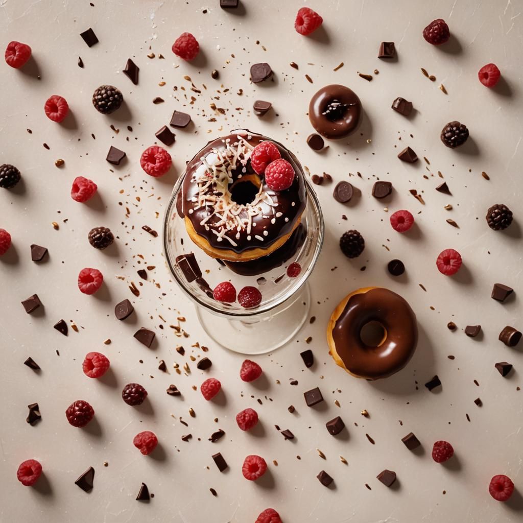 Delicious Donut Still Life with Raspberries and Chocolate