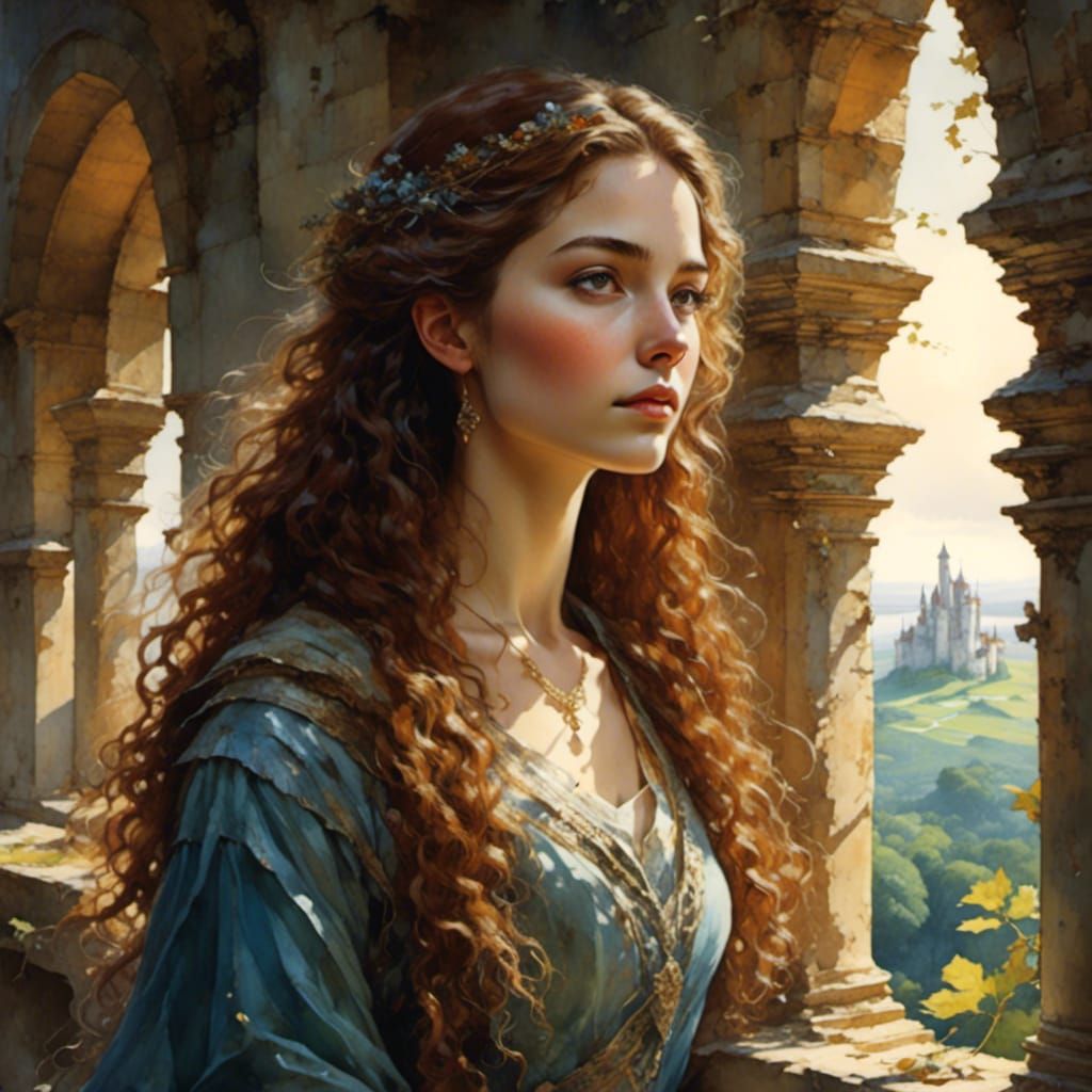 Dreamy Castle View Portrait of Young Woman