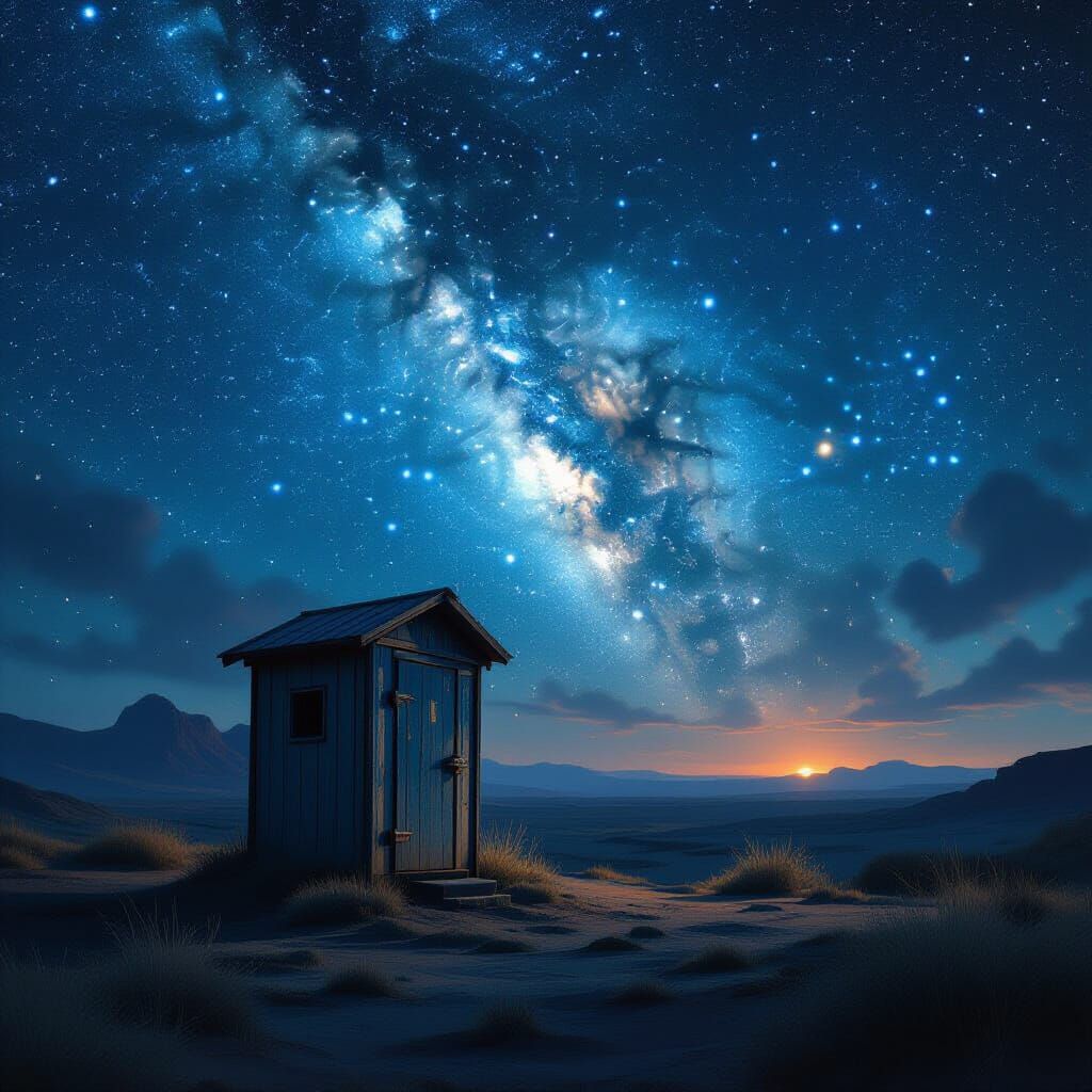 Cosmic Outpost: Abandoned Outhouse Under Starry Sky