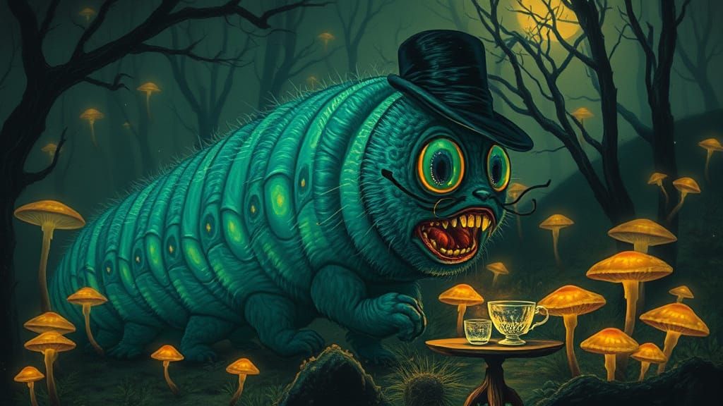 Bioluminescent Caterpillar Sipping Tea in Surreal Garden