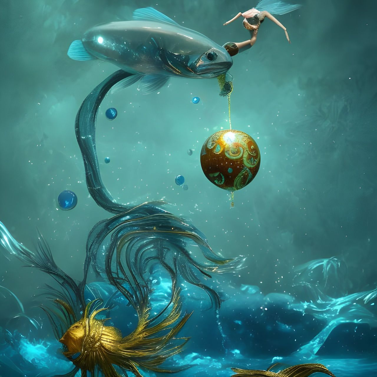 Iridescent Fish Discover Golden Orb: Hyperrealistic Fantasy ...