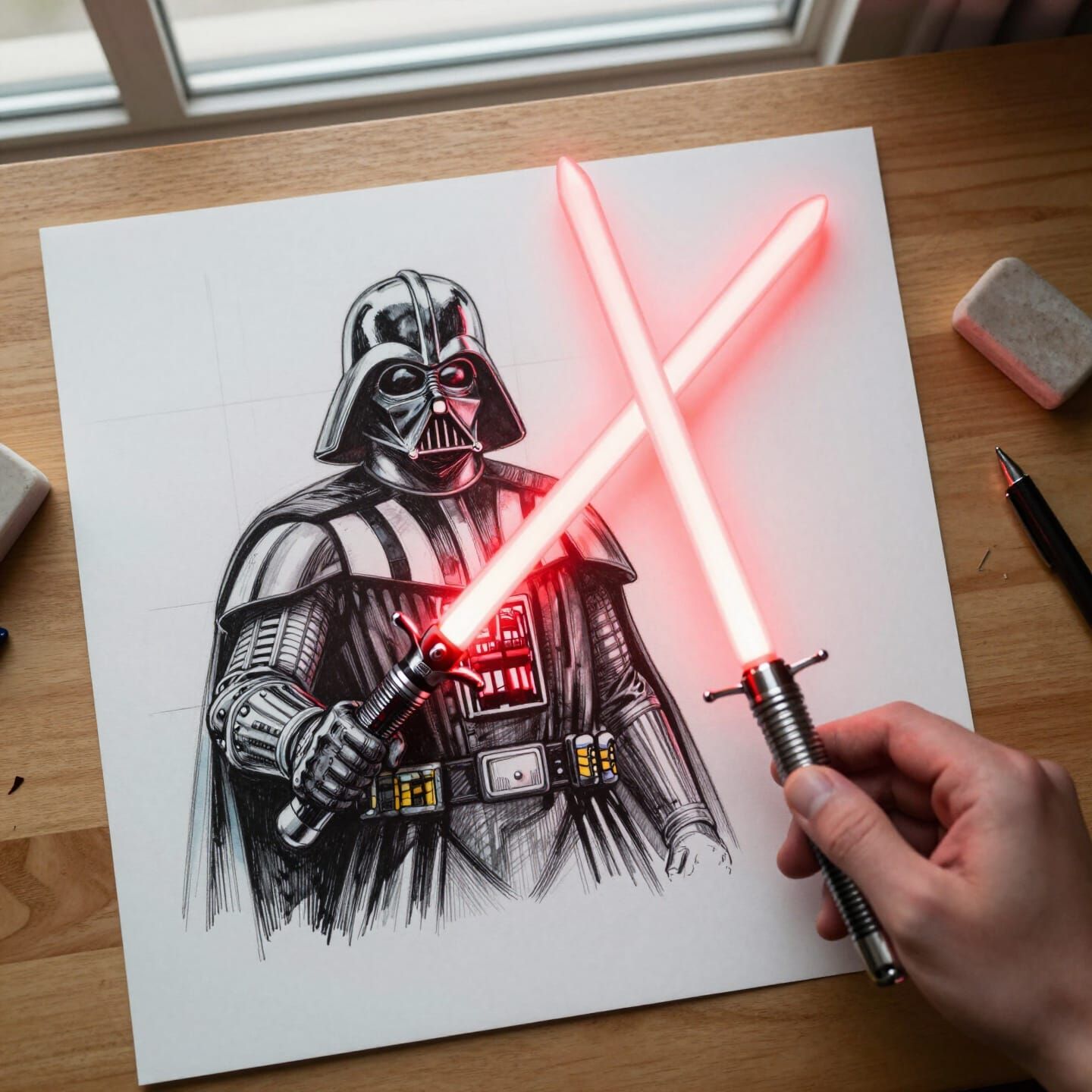 Darth Vader Ink Sketch with 3D Lightsaber