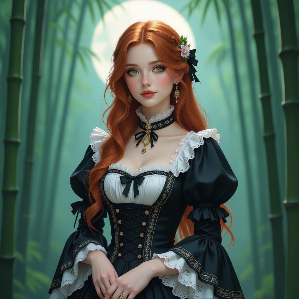 Gothic Lolita in Bamboo Forest with Impasto Textures