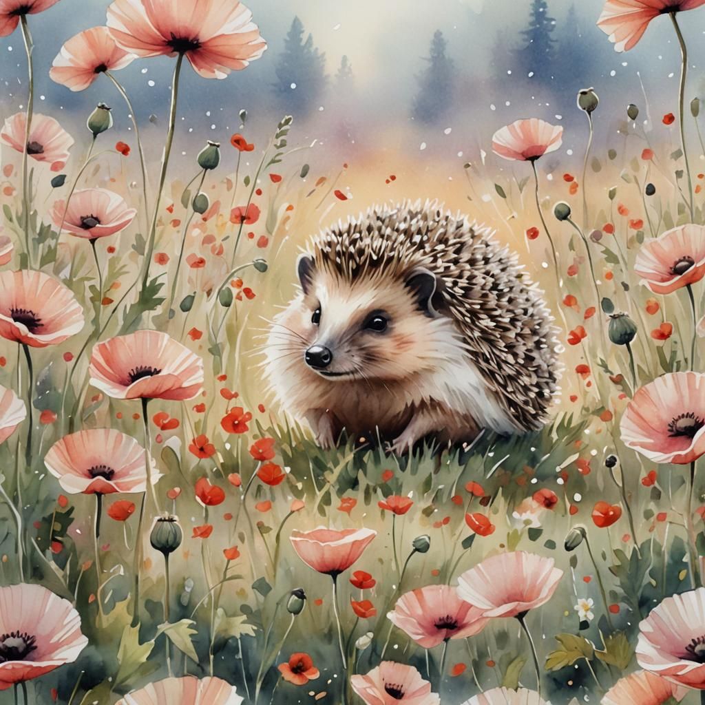 Hedgehog in Poppy Field Watercolor Illustration