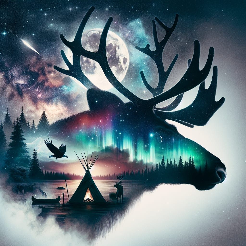 Caribou Silhouette with Native American Scene