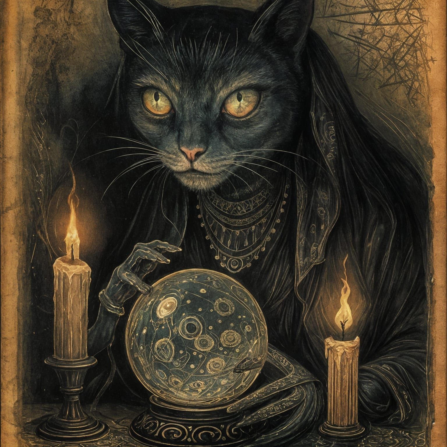 Macabre Cat Fortune Teller in Noir Lighting
