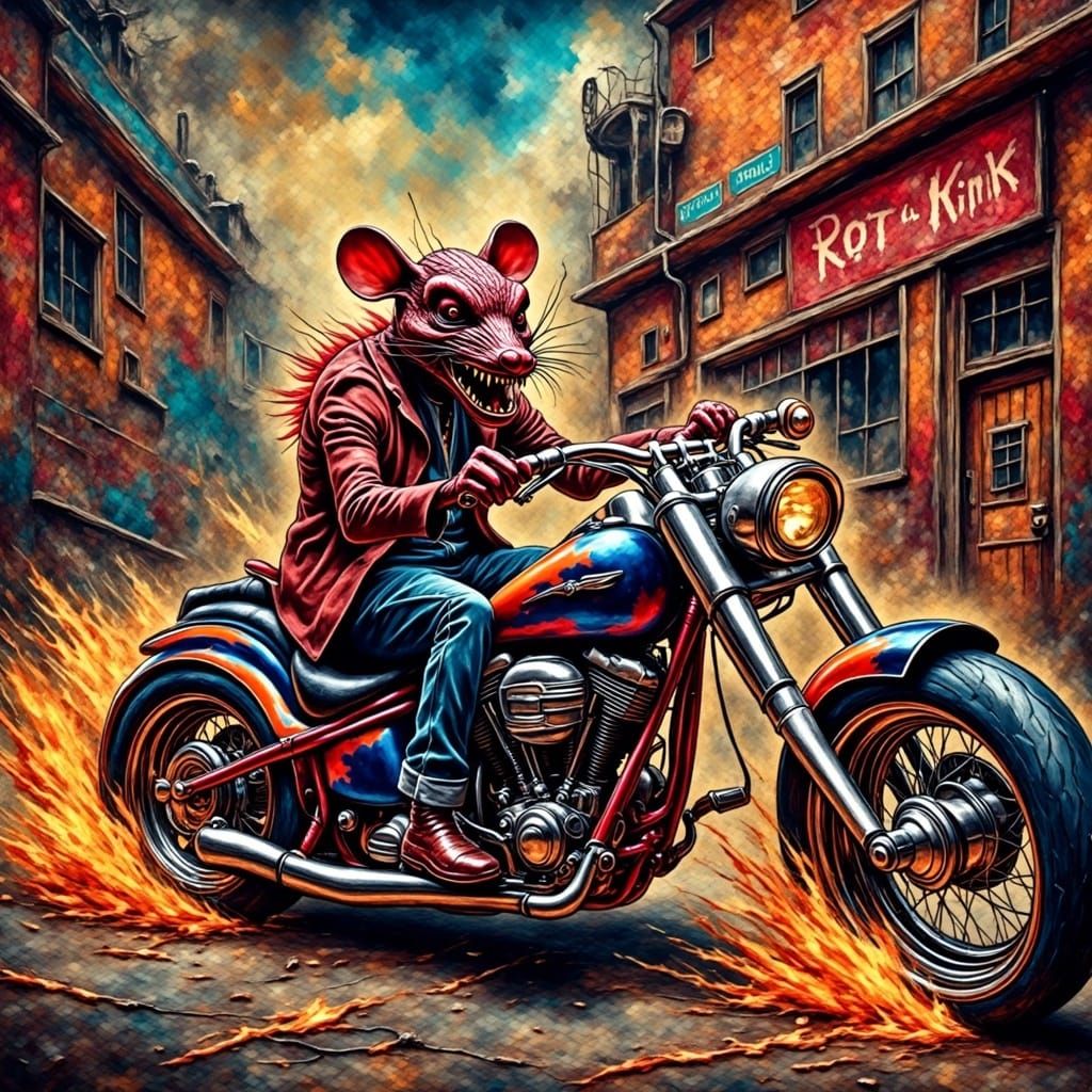 Chromed Out Rat Fink Hotrod in Gritty Urban Landscape