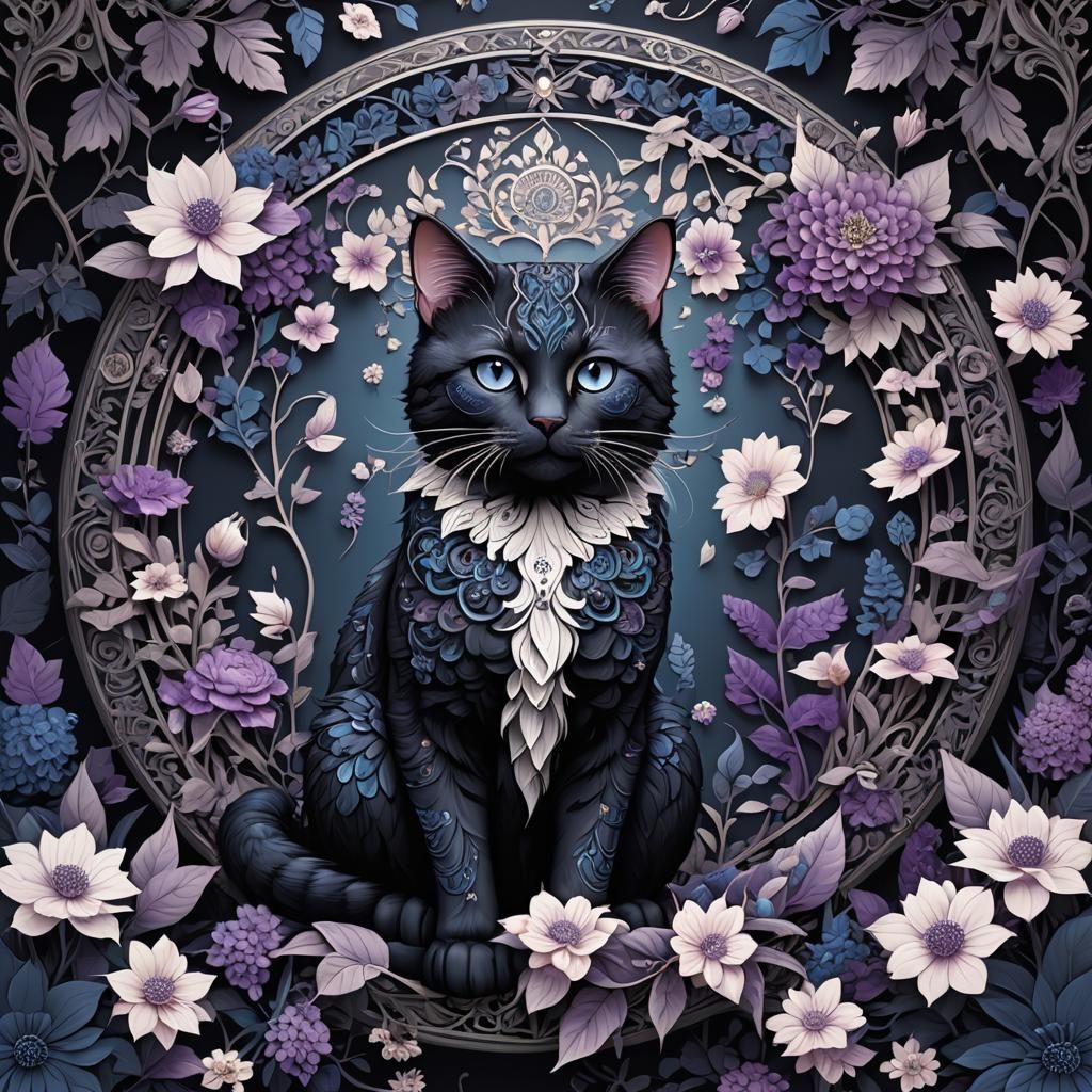 Enchanting Fantasy Cat Amidst Whimsical Floral Patterns