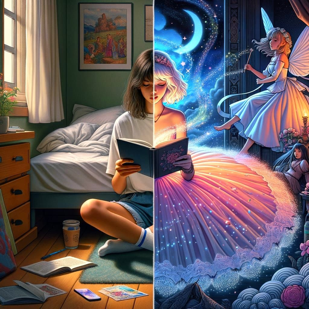 Split image of a girl reading a book.