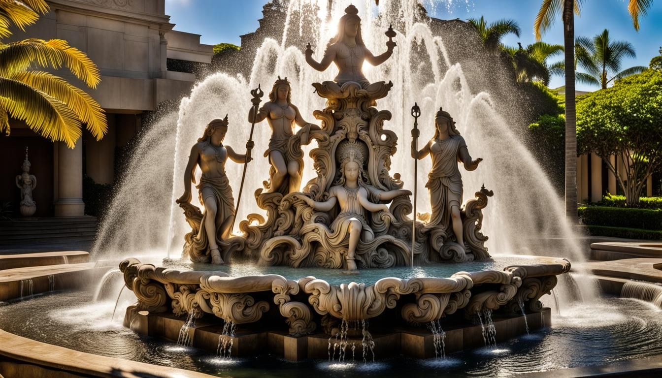 Ornate Marble Water Fountain with Hawaiian Gods