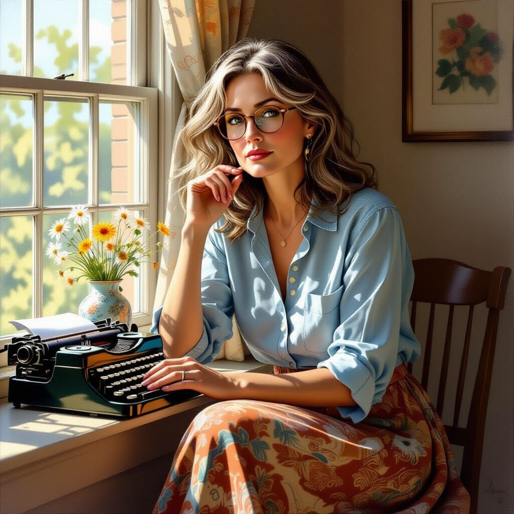 Art Nouveau Portrait of a Nostalgic Woman with Vintage Typew...